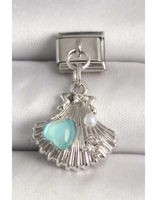 316L Çelik Gümüş Renk Zirkon Taşlı Deniz Kabuğu Model Mavi Mineli Kalp Detay Nomination Charm