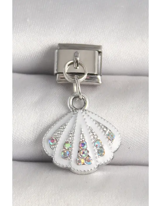 316L Çelik Gümüş Renk Zirkon Taşlı Deniz Kabuğu Model Nomination Charm