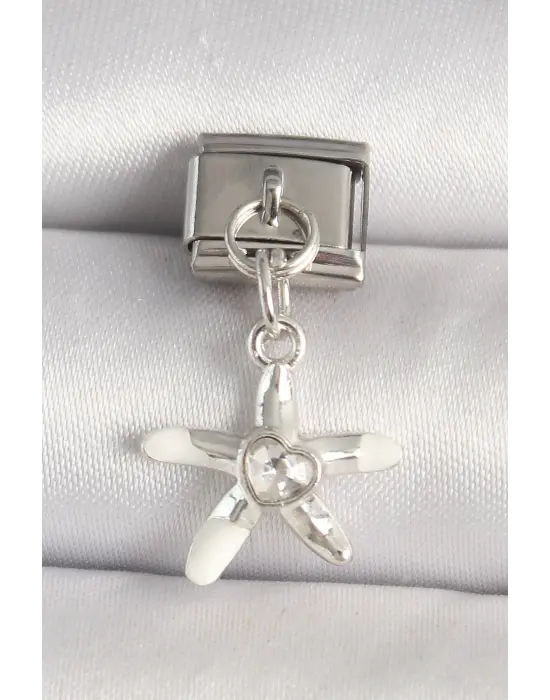 316L Çelik Gümüş Renk Zirkon Taşlı Deniz Yıldız Model Kalp Detay Nomination Charm