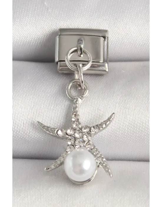 316L Çelik Gümüş Renk Zirkon Taşlı Deniz Yıldızı Model İnci Detay Nomination Charm