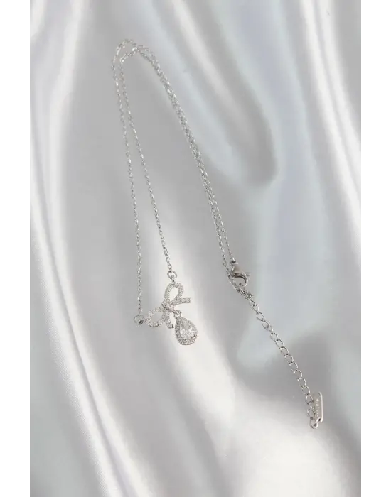  Gümüş  Zirkon Taşlı Fiyonk Detay Damla Çelik Kolye