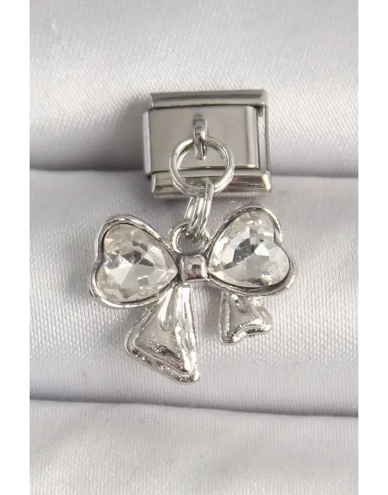 316L Çelik Gümüş Renk Zirkon Taşlı Fiyonk Model Nomination Charm