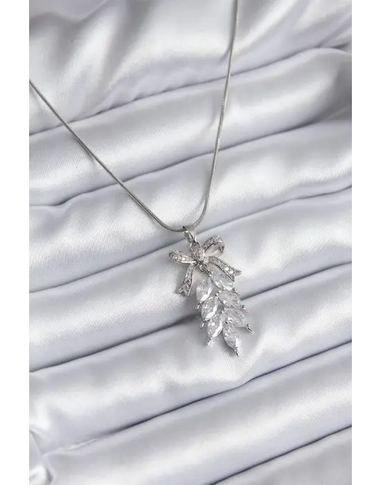  Gümüş  Zirkon Taşlı Fiyonk ve Başak Model  Çelik Kolye