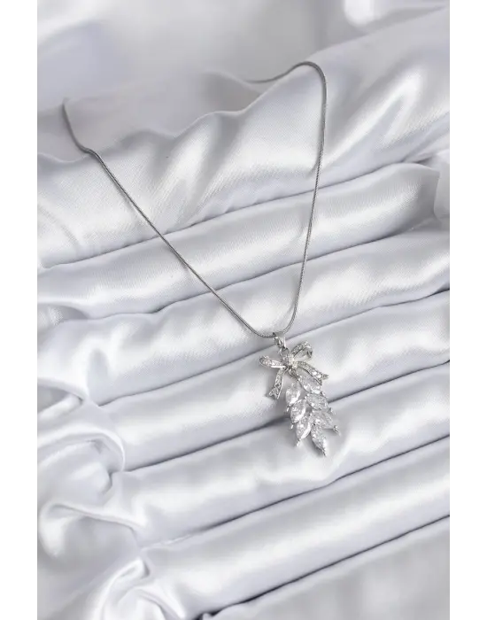  Gümüş  Zirkon Taşlı Fiyonk ve Başak Model  Çelik Kolye