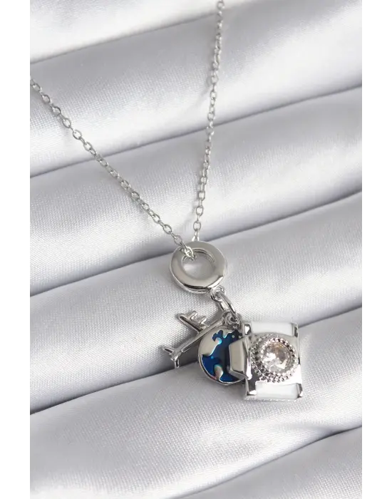  Gümüş  Zirkon Taşlı Fotoğraf Makinesi Uçak Dünya Figürlü  Çelik Kolye