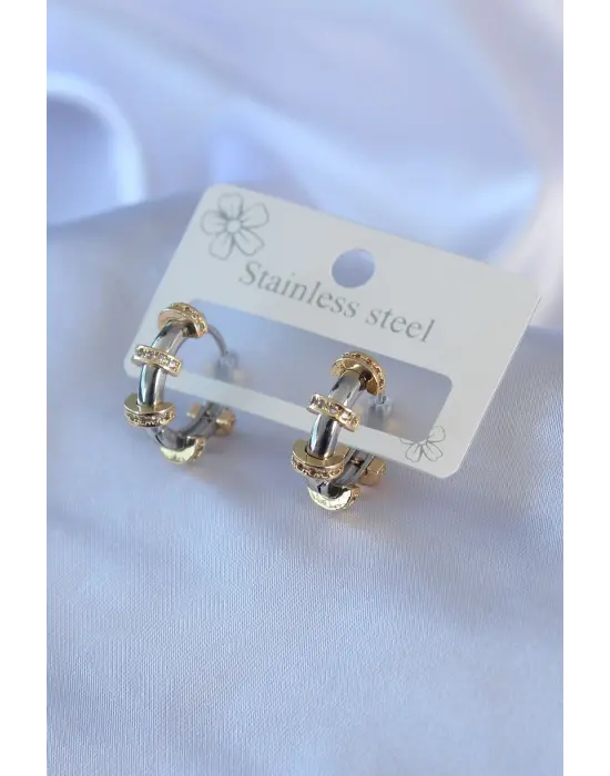 316L Çelik Gümüş Renk Zirkon Taşlı Gold Detay Halka Model Kadın Küpe