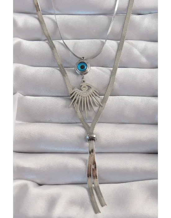  Gümüş  Zirkon Taşlı Göz Detay Nazarlı Uzun Asansör Model Çelik Kolye