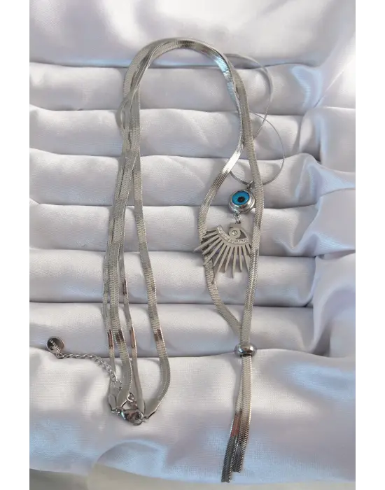  Gümüş  Zirkon Taşlı Göz Detay Nazarlı Uzun Asansör Model Çelik Kolye