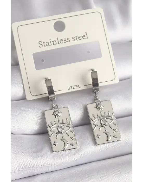   Gümüş Zirkon Taşlı Göz İşleme Detaylı Plaka Model Çelik Küpe