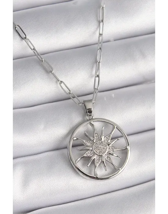  Gümüş  Zirkon Taşlı Güneş Madalyon Model  Çelik Kolye