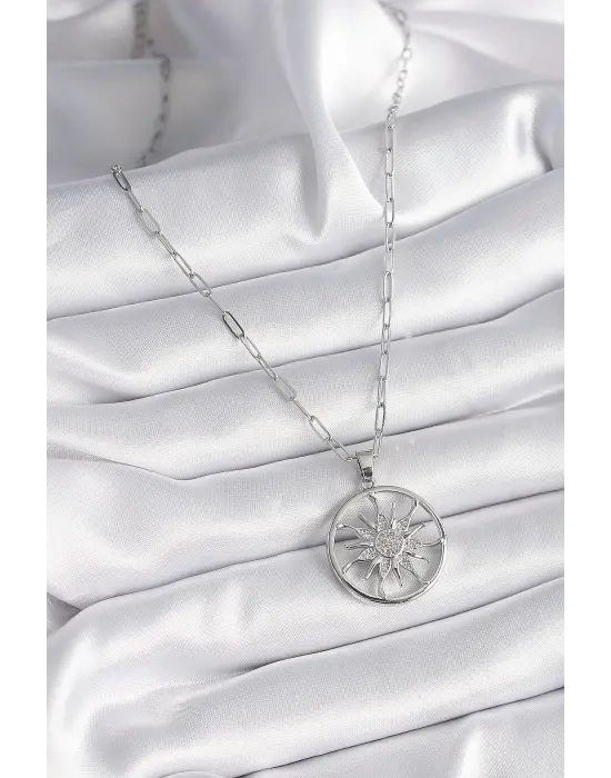  Gümüş  Zirkon Taşlı Güneş Madalyon Model  Çelik Kolye