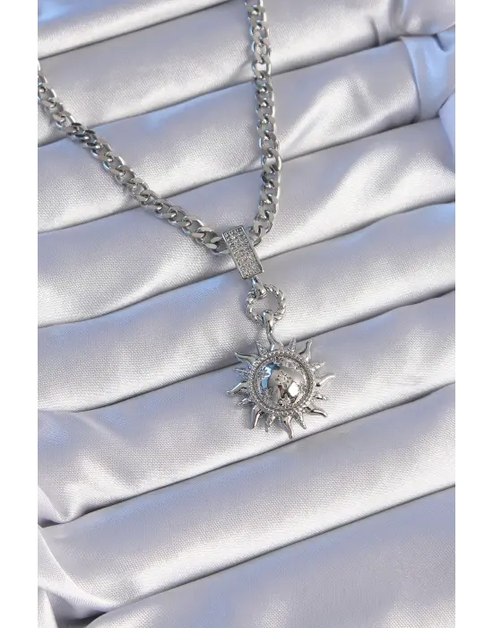  Gümüş  Zirkon Taşlı Güneş Model Çelik Kolye
