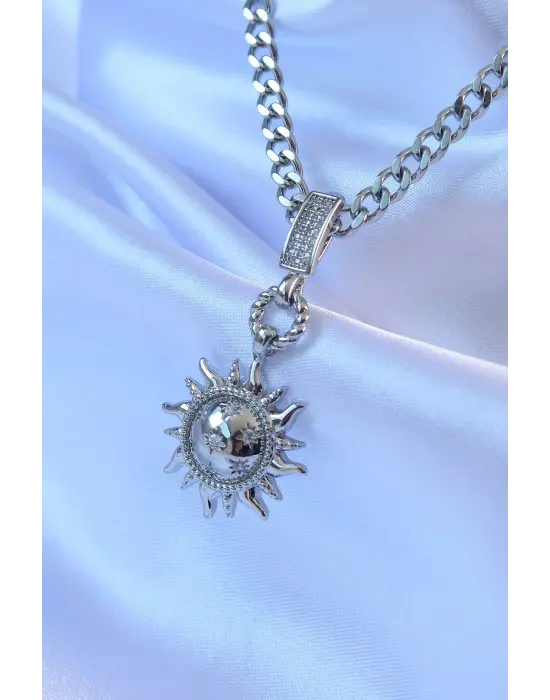  Gümüş  Zirkon Taşlı Güneş Model Çelik Kolye
