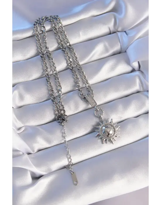  Gümüş  Zirkon Taşlı Güneş Model Çelik Kolye