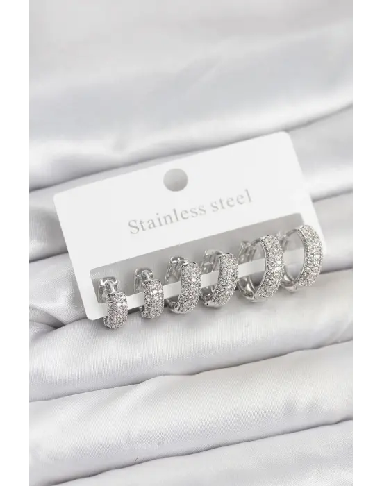 316L Çelik Gümüş Renk Zirkon Taşlı Halka Küpe Seti