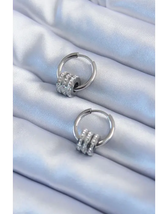 316L Çelik Gümüş Renk Zirkon Taşlı Halka Model Kadın Küpe