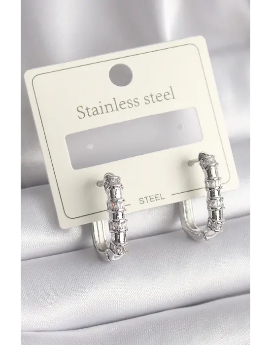   Gümüş Zirkon Taşlı Halka Model Çelik Küpe