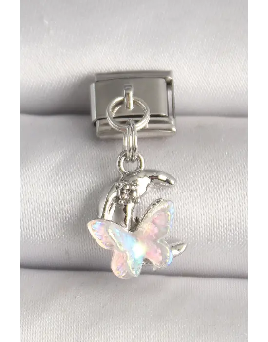 316L Çelik Gümüş Renk Zirkon Taşlı Hilal Beyaz Mineli Kelebek Model Nomintaion Charm