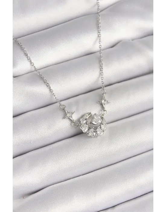 316L Çelik Gümüş Renk Zirkon Taşlı Hilal Kalp Model Kadın Kolye