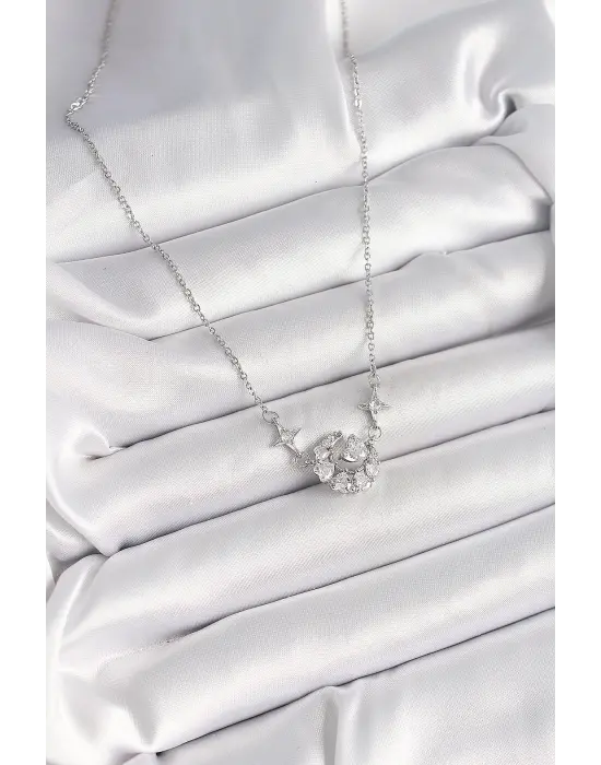 316L Çelik Gümüş Renk Zirkon Taşlı Hilal Kalp Model Kadın Kolye