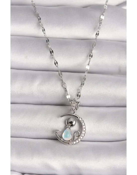  Gümüş  Zirkon Taşlı Hilal Mavi Sedefli Kedi Figür Yıldız Detay  Çelik Kolye