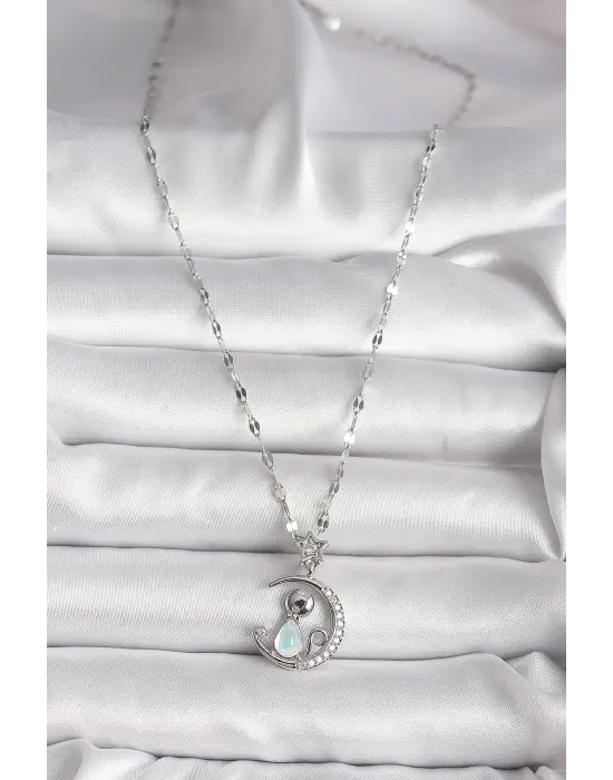  Gümüş  Zirkon Taşlı Hilal Mavi Sedefli Kedi Figür Yıldız Detay  Çelik Kolye