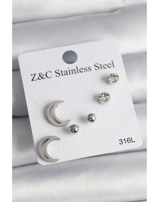   Gümüş Zirkon Taşlı Hilal Model Çelik Küpe Seti