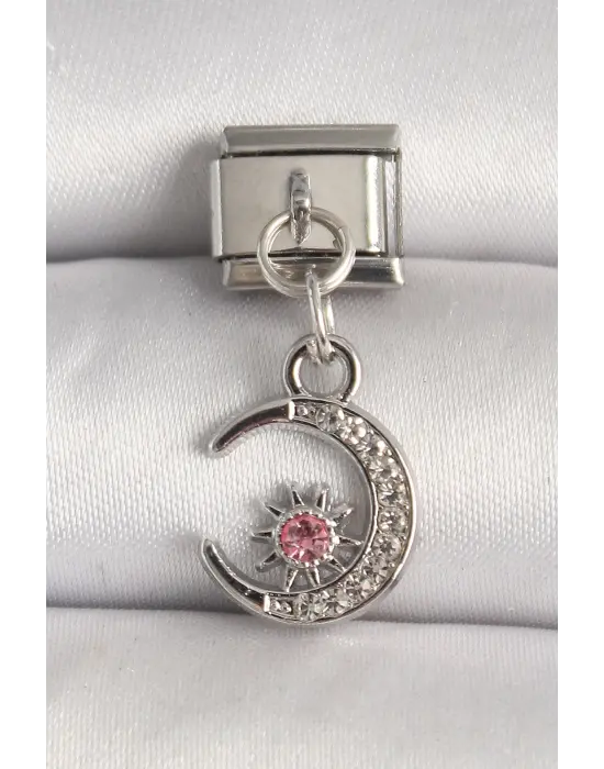 316L Çelik Gümüş Renk Zirkon Taşlı Hilal Model Nomination Charm