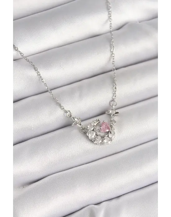 316L Çelik Gümüş Renk Zirkon Taşlı Hilal Pembe Kalp Model Kadın Kolye