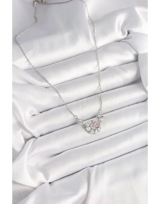 316L Çelik Gümüş Renk Zirkon Taşlı Hilal Pembe Kalp Model Kadın Kolye