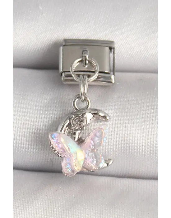 316L Çelik Gümüş Renk Zirkon Taşlı Hilal Pembe Mineli Kelebek Model Nomination Charm