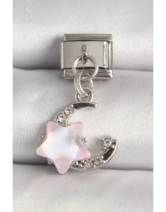 316L Çelik Gümüş Renk Zirkon Taşlı Hilal Pembe Mineli Yıldız Model Nomination Charm