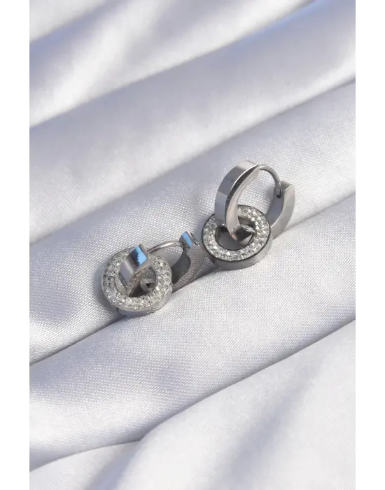   Gümüş Zirkon Taşlı İç İçe Geçmeli Oval Küpe