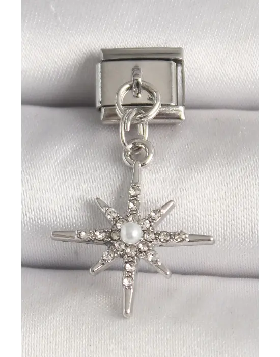 316L Çelik Gümüş Renk Zirkon Taşlı İnci Detay Kuzey Yıldız Model Nomination Charm