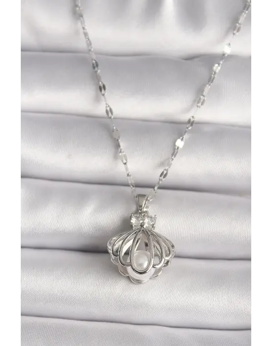  Gümüş  Zirkon Taşlı İstiridye Model İnci Detay  Çelik Kolye