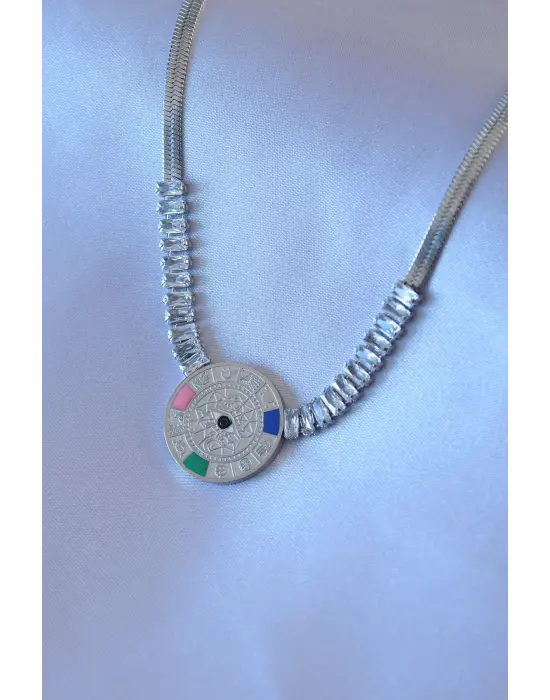  Gümüş  Zirkon Taşlı İtalyan Zincir Burç İşeleme Madalyon Model  Çelik Kolye