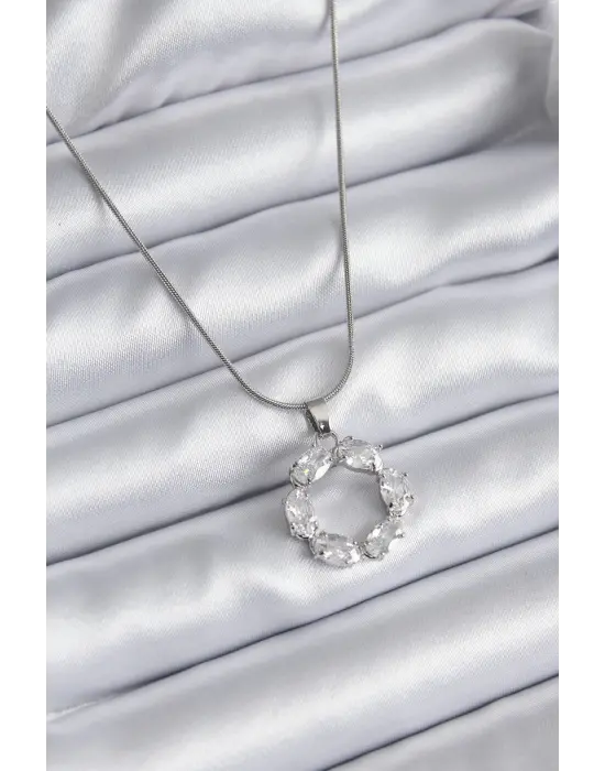  Gümüş  Zirkon Taşlı  Çelik Kolye