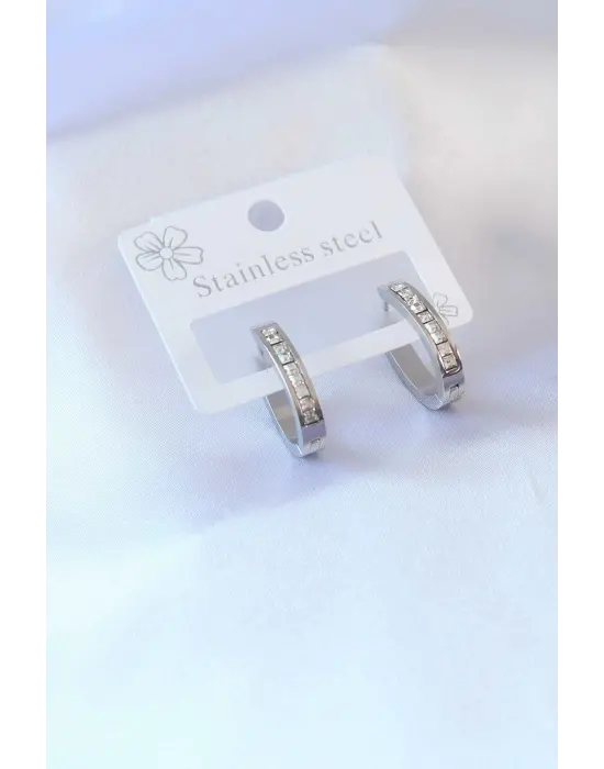 316L Çelik Gümüş Renk Zirkon Taşlı Kadın Küpe