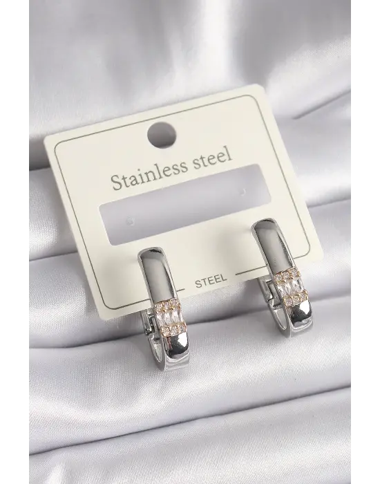   Gümüş Zirkon Taşlı Çelik Küpe