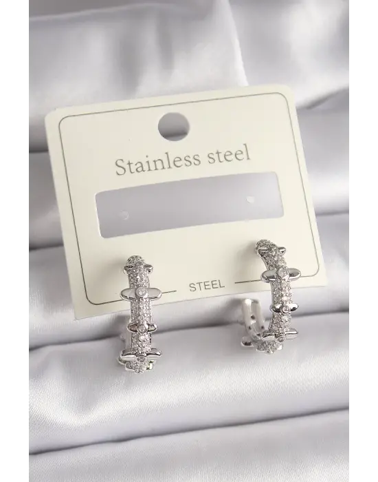   Gümüş Zirkon Taşlı Çelik Küpe