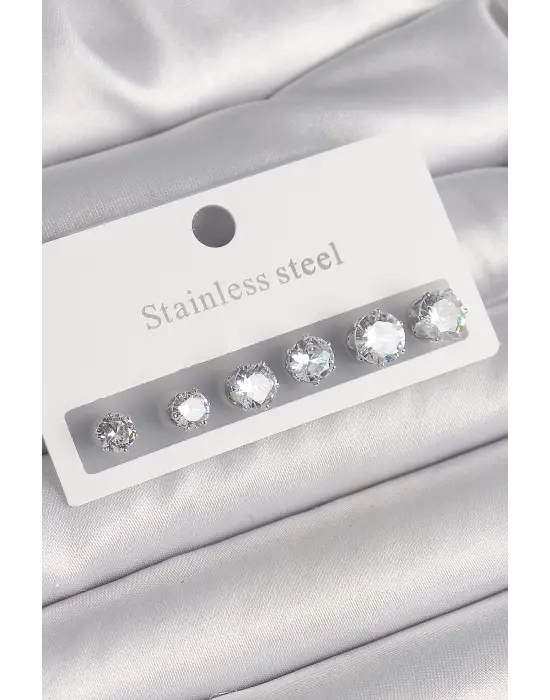   Gümüş Zirkon Taşlı Çelik Küpe Seti