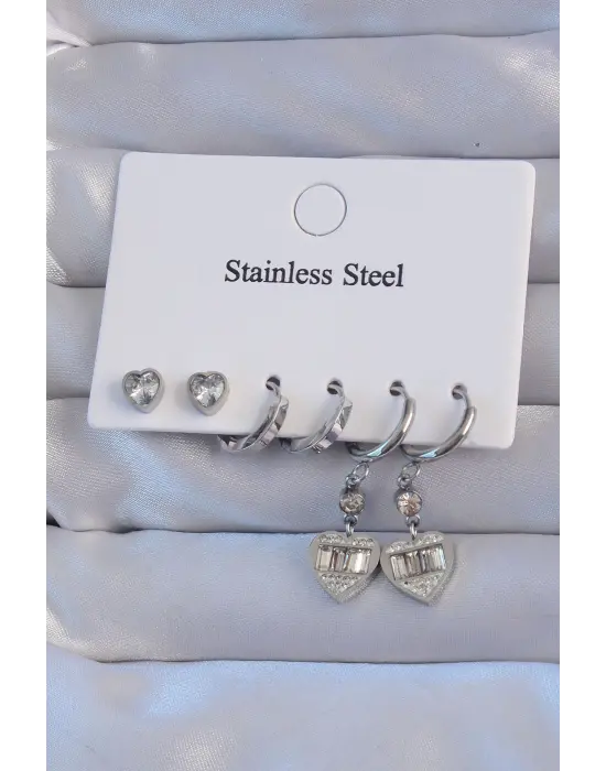   Gümüş Zirkon Taşlı Kalp Model Halka Küpe Seti