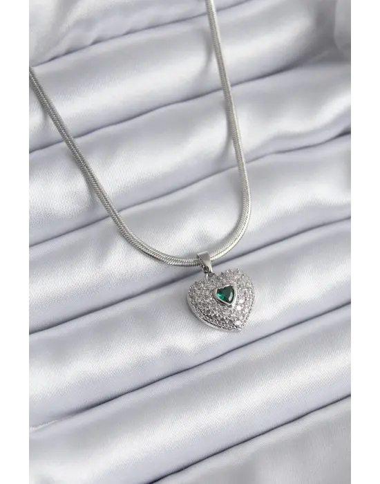  Gümüş  Zirkon Taşlı Kalp Model  Çelik Kolye