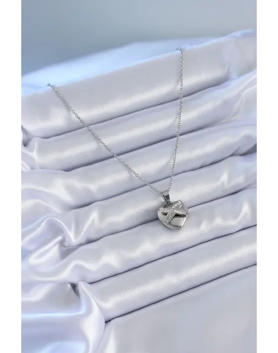  Gümüş  Zirkon Taşlı Kalp Model  Çelik Kolye