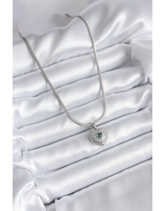  Gümüş  Zirkon Taşlı Kalp Model  Çelik Kolye