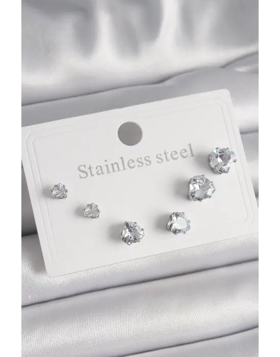   Gümüş Zirkon Taşlı Kalp Model Çelik Küpe Seti