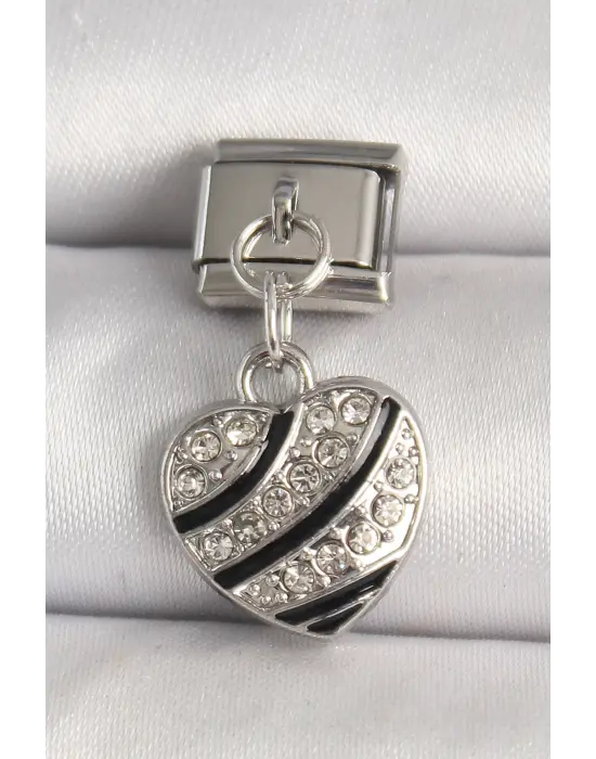 316L Çelik Gümüş Renk Zirkon Taşlı Kalp Model Nomination Charm
