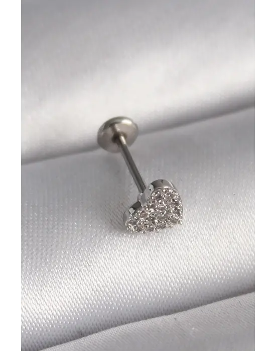 316L Çelik Gümüş Renk Zirkon Taşlı Kalp Model Tragus Piercing