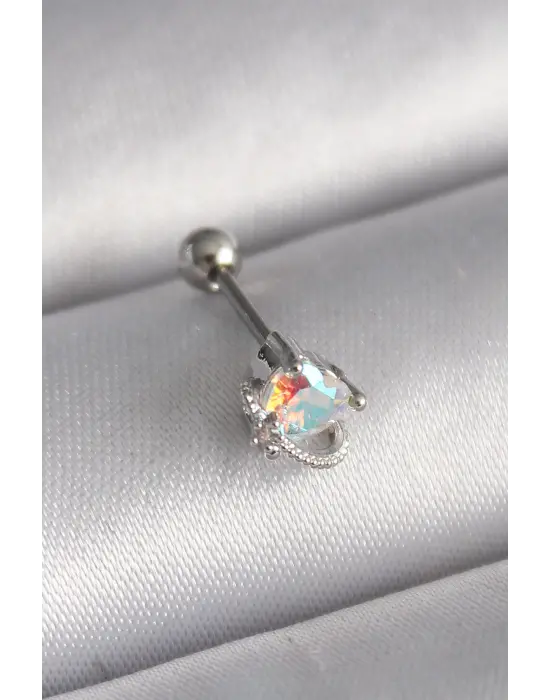 316L Çelik Gümüş Renk Zirkon Taşlı Kalp Tragus Piercing