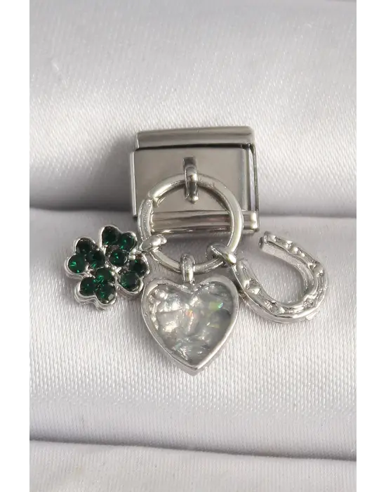 316L Çelik Gümüş Renk Zirkon Taşlı Kalp Yonca Nal Model Nomination Charm